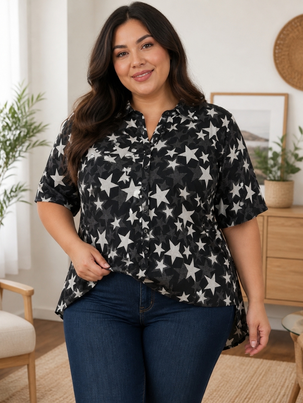 torrid Black and White Star Print Button-Down Shirt